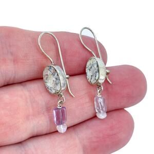 Estate Sterling Silver 925 Mosaic Glass Amethyst Quartz Earrings